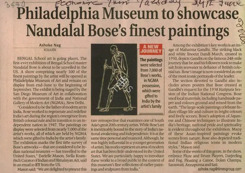 Ashoke Nag (Reporter), Philadelphia Museum to Showcase Nandalal Bose's finest Paintings, 2008, Newspaper Clipping