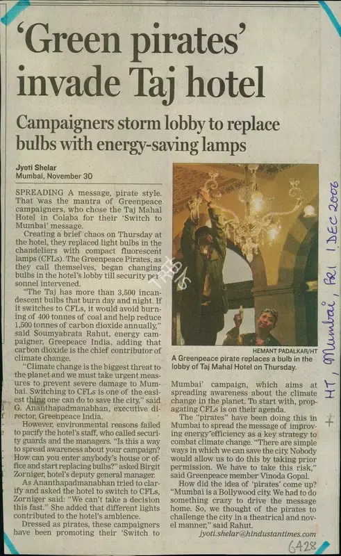 Jyoti Shelar (Reporter), Green Pirates' Invade Taj Hotel, 2006, Newspaper Clipping