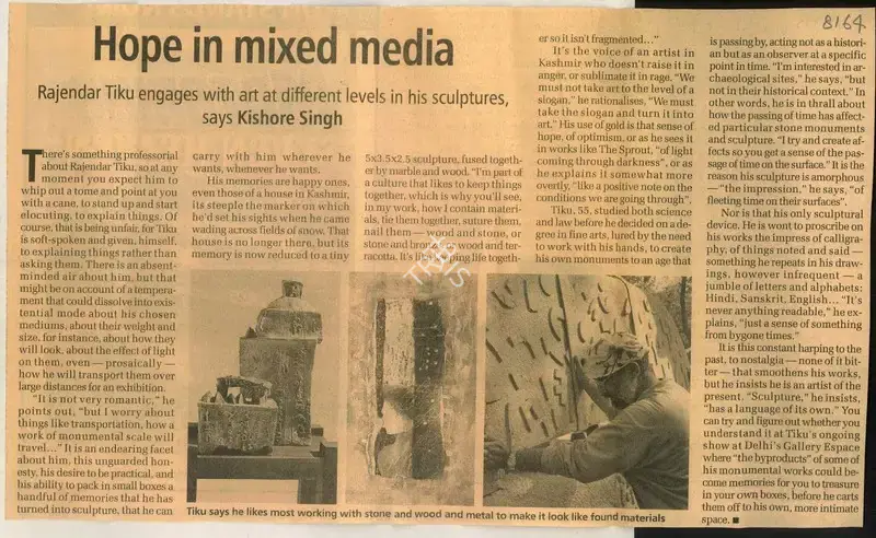Kishore Singh (Reporter), Hope in Mixed Media, 2008, Newspaper Clipping