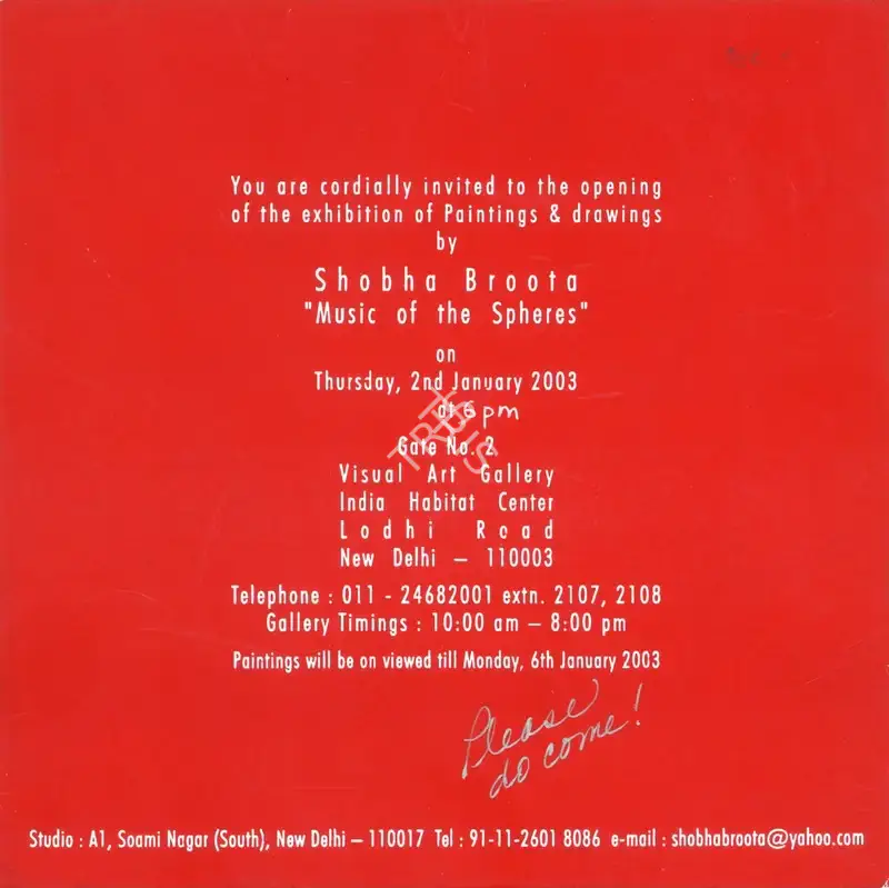 Shobha Broota (Artist), Exhibiiton of Paintings & Drawings by Shobha Broota, 2003, Solo Exhibition Invitation