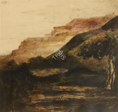 Rabindranath Tagore (Artist), Untitled (Dark landscape with cliffs and tree), 1929, Painting