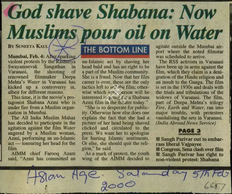 Suneeta Kaul (Reporter), God shave Shabana: Now Muslims pour oil on Water, 2000, Newspaper Clipping