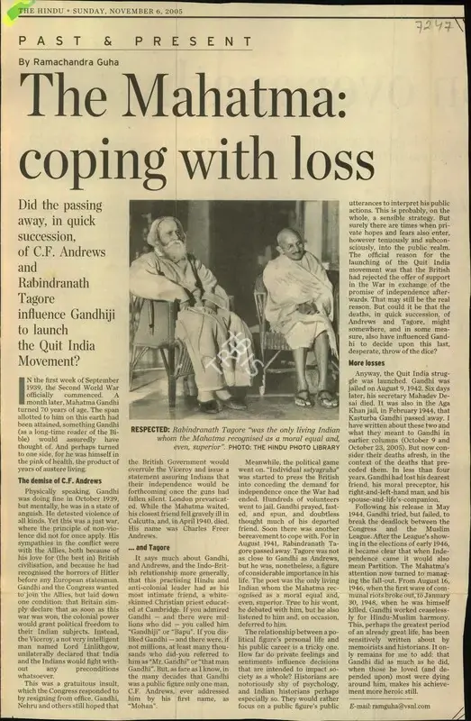 Ramachandra Guha (Reporter), The Mahatma: Coping with loss, 2005, Newspaper Clipping