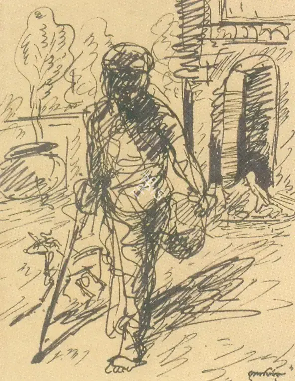 Ramkinkar Baij (Artist), Man with Cane, Painting