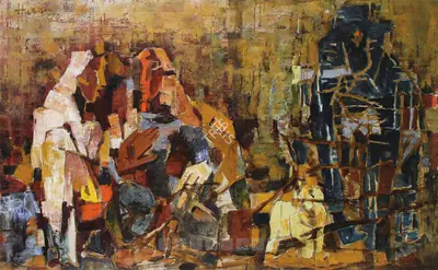 M.F. Husain (Artist), Two Women With Elephants, Painting