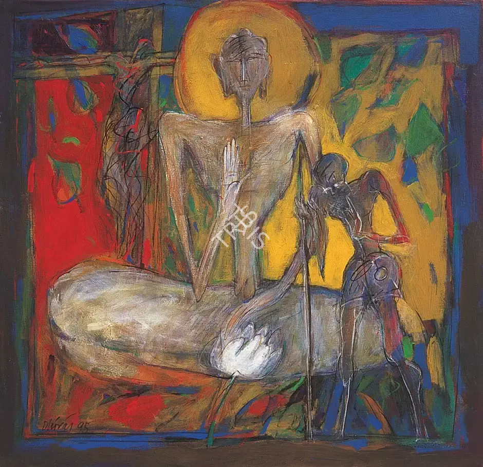 Dhiraj Choudhury (Artist), Buddha and Gandhiji, 1995, Painting
