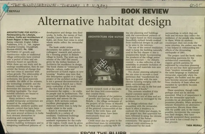 Tara Murali (Reporter), Alternative Habitat Design, 2003, Newspaper Clipping