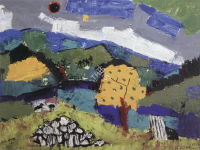 Husain, M. F. (Artist). Landscape. Oil on board, 1956 | Maqbool Fida Husain, 2008 | Painting | FineArts | 00495171