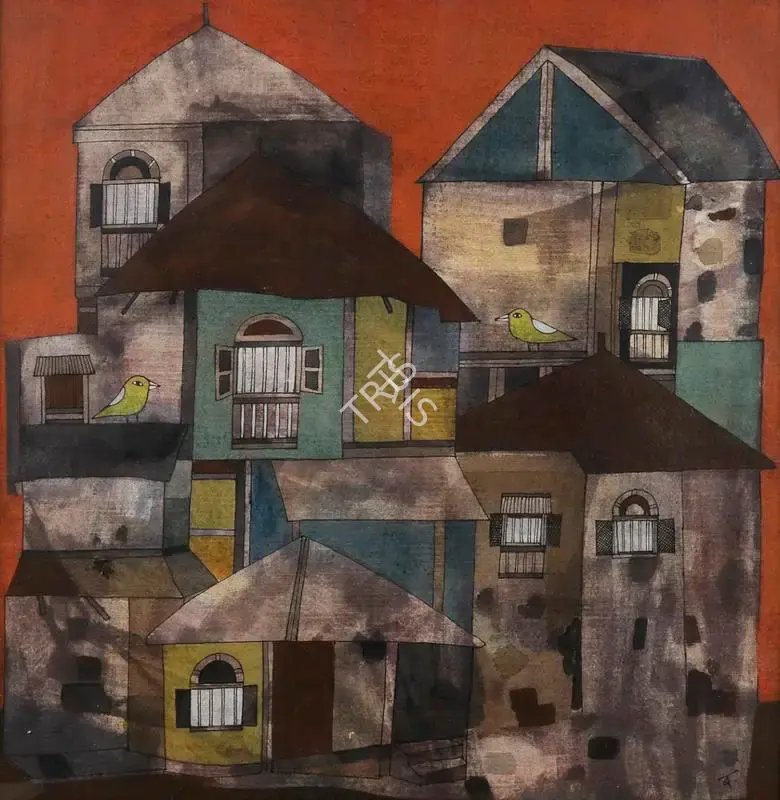 Badri Narayan (Artist), Houses with Birds, 1986, Painting