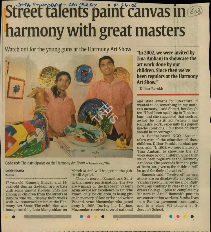 Rohit Bhatia (Reporter), Street Talents Paint Canvas in Harmony with Great Masters, 2006, Newspaper Clipping