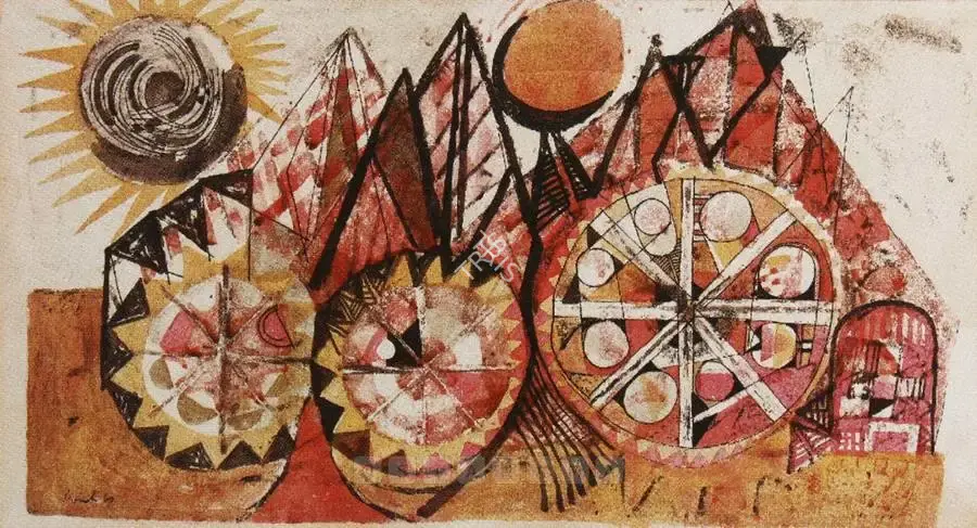 Avinash Chandra (Artist), Three Wheels, 1960, Painting