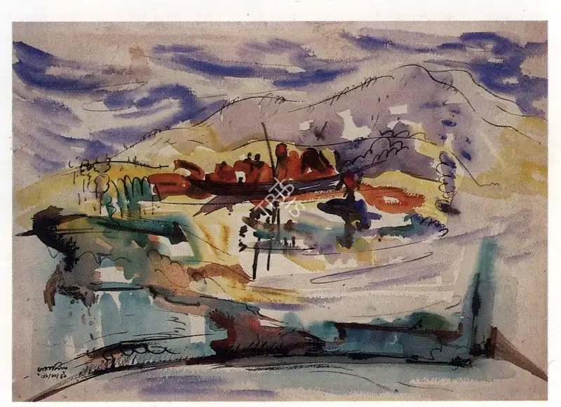Ramkinkar Baij (Artist), Boat in River, Painting