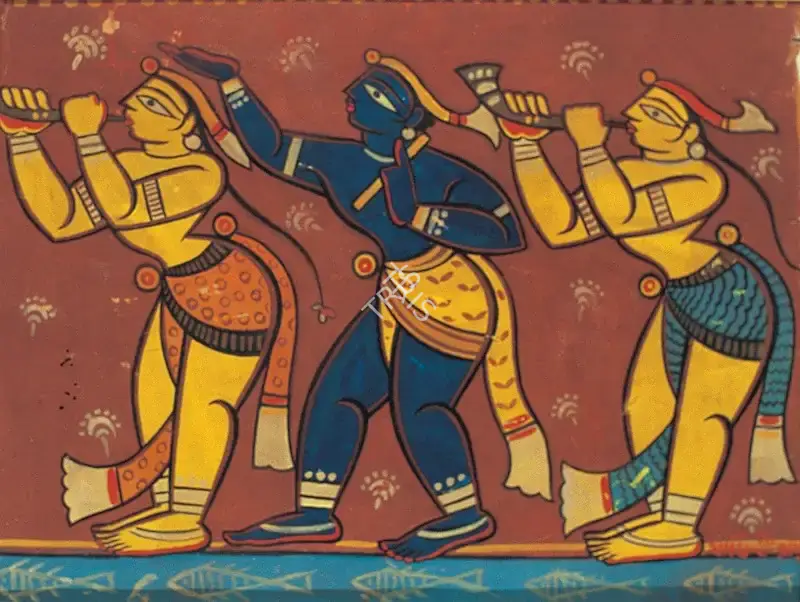 Jamini Roy (Artist), Dancing Balakrishna with two Gopalabalaks, 1949, Painting