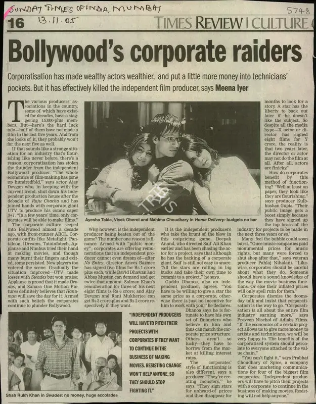 Meena Iyer (Reporter), Bollywood's Corporate Raiders, 2005, Newspaper Clipping