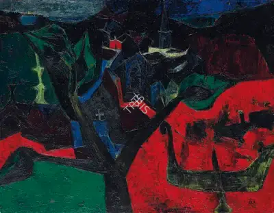 S.H. Raza (Artist), Untitled (Village dans un Paysage), 1955, Painting