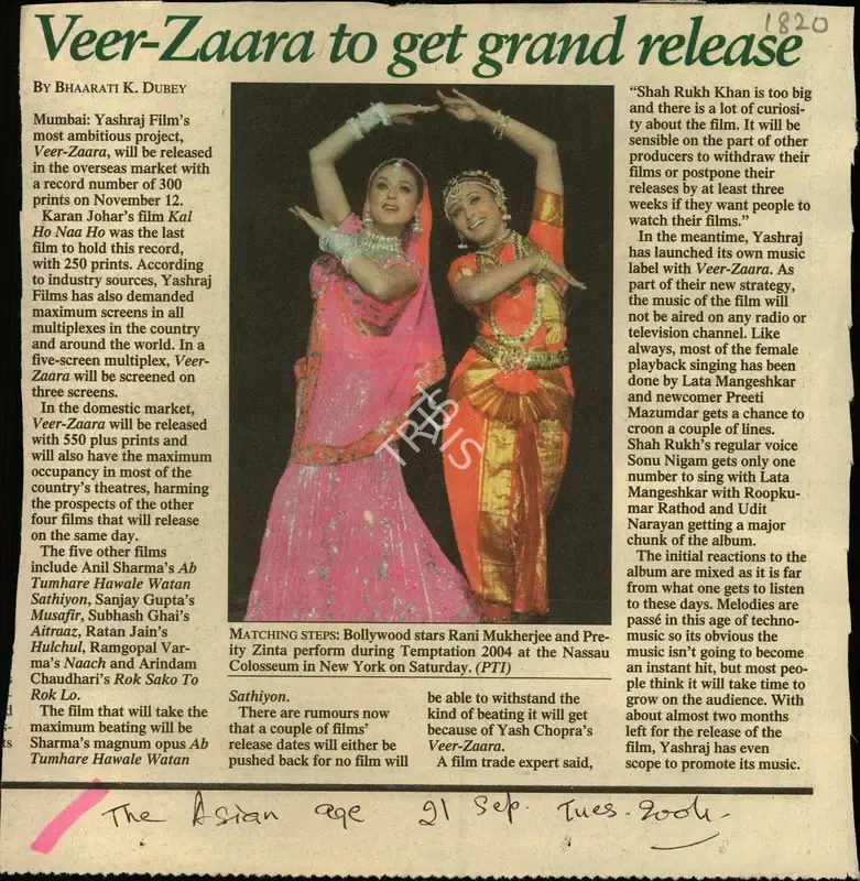 Bhaarati K. Dubey (Reporter), Veer-Zaara to get grand release, 2004, Newspaper Clipping