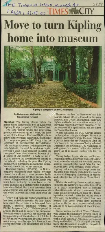 Mohammed Wajihuddin (Reporter), Move to Turn Kipling Home Into Museum, 2005, Newspaper Clipping