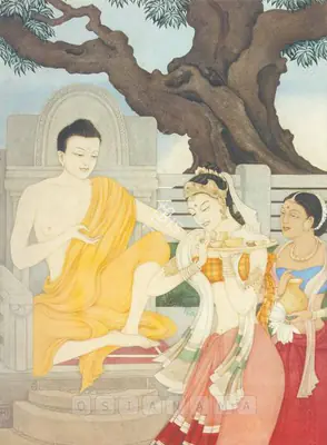 Roma Mukherjee (Artist), Buddha And Amrapali, 1956, Painting