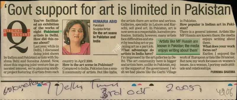 Humaira Abid (Reporter), Govt Support fot Art is Limited in Pakistan, 2005, Newspaper Clipping