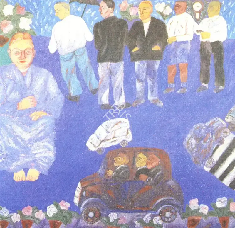 Arpita Singh (Artist), A Woman Sitting And Men Standing, 1993, Painting