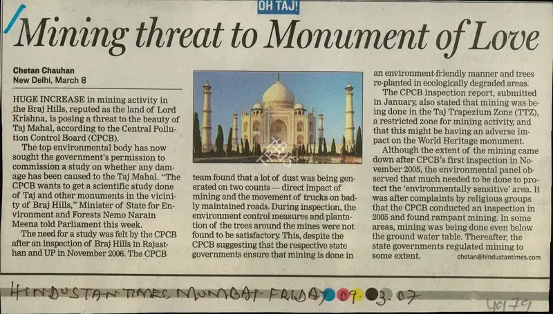 Chetan Chauhan (Reporter), Mining Threat to Monument of Love, 2007, Newspaper Clipping