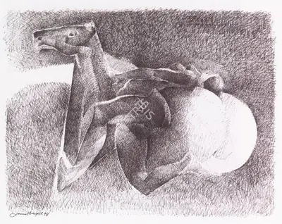 Jamil Naqsh (Artist), Horse and Nude, Drawing