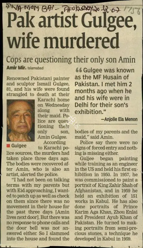 Amir Mir (Reporter), Pak artist Gulgee, wife murdered, 2007, Newspaper Clipping