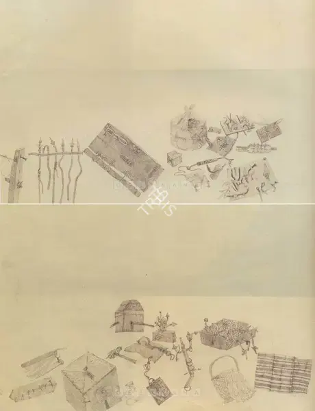 K. Laxma Goud (Artist), Bits And Scraps Trunk, Handbag; Bits And Scraps Box, Sickle, 1976, Drawing
