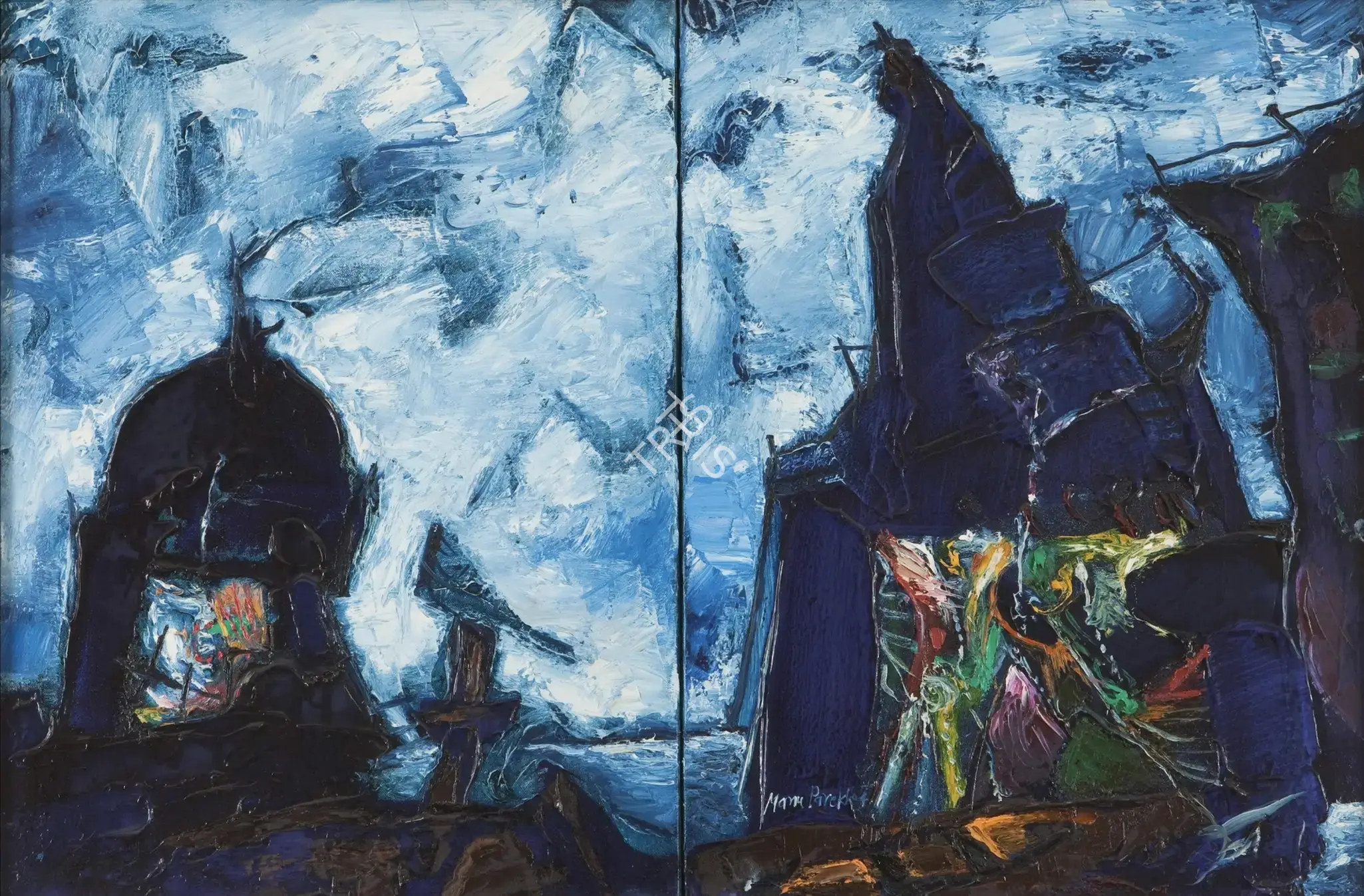 Manu Parekh (Artist), Sky Between 2 Temples, 2004, Painting
