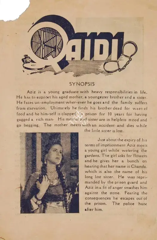 S.F. Hasnain (Director), Qaidi, 1940, Cyclostyled Lyrics Leaflet