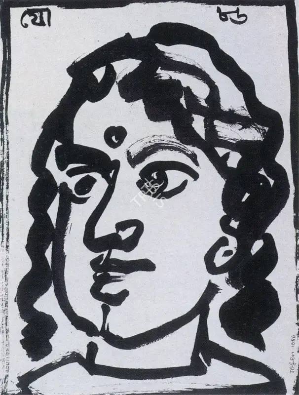 Jogen Chowdhury (Artist), Head of a Woman, 1986, Drawing
