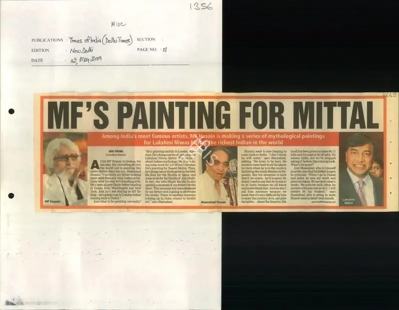 Jaya Drona (Reporter), MF's Painting for Mittal, 2009, Newspaper Clipping