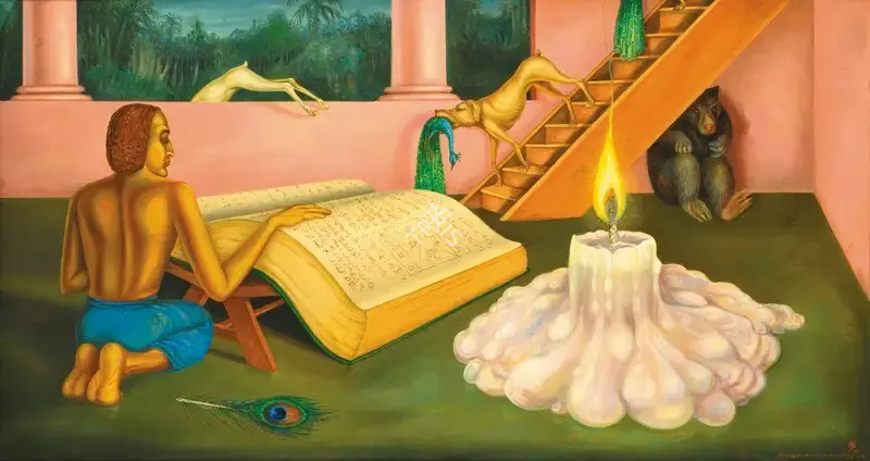 Gopikrishna (Artist), Man In Deep Study Losing Peacocks One By One, 2005, Painting