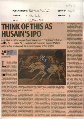 Kishore Singh (Reporter), Think of this as Husain's IPO, 2010, Newspaper Clipping