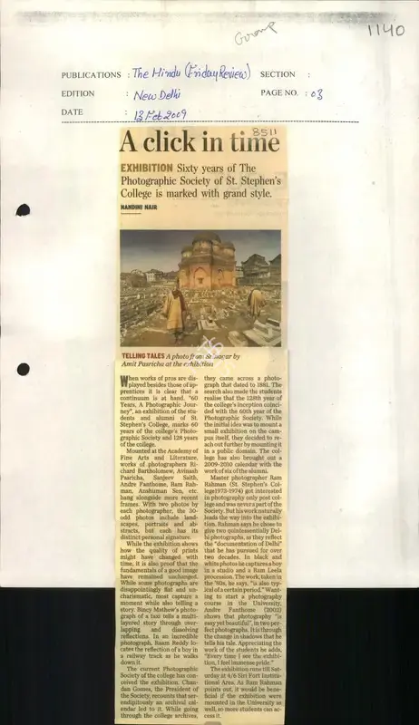 Nandini Nair (Reporter), A Click in Time, 2009, Newspaper Clipping