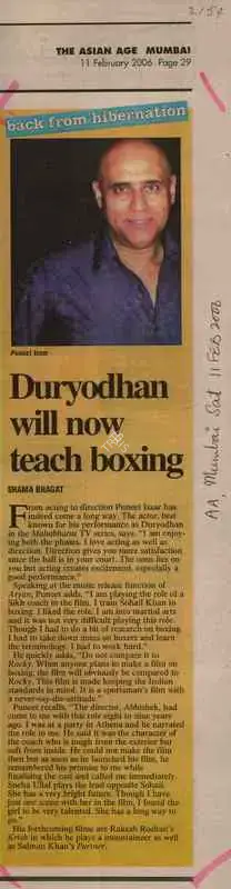 Shama Bhagat (Reporter), Duryodhan Will Now Teach Boxing, 2006, Newspaper Clipping