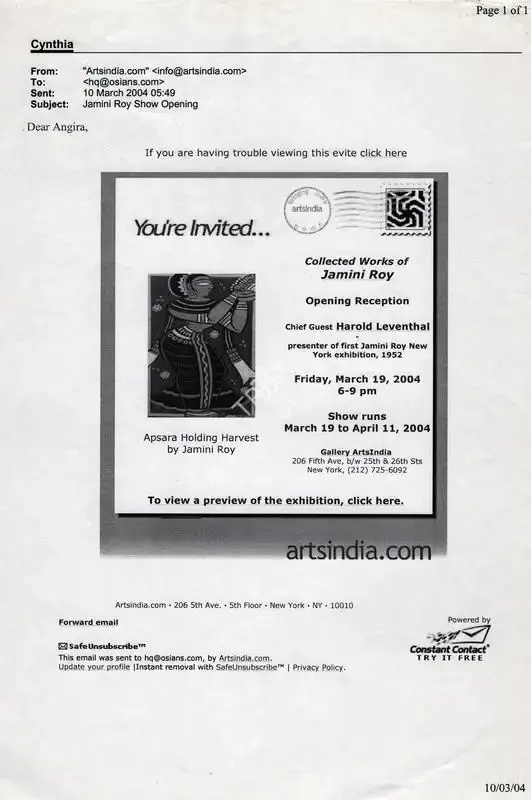 Jamini Roy (Artist), Collected Works of Jamini Roy, 2004, Solo Exhibition Invitation