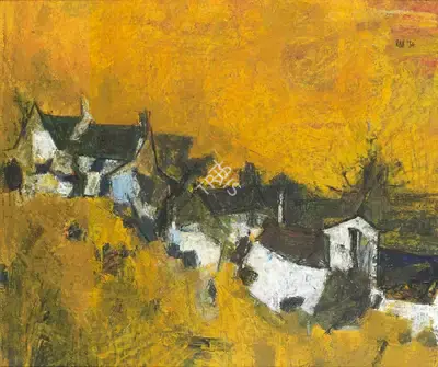 S.H. Raza (Artist), Untitled (Village), 1956, Painting