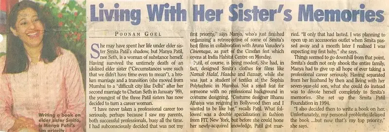 Poonam Goel (Reporter), Living With her Sister's Memories, 2000, Newspaper Clipping