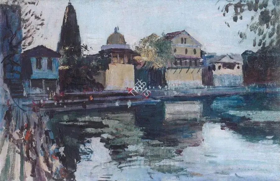 Walter Langhammer (Artist), Banganga Tank And Walkeshwar Temples, Malabar Hill, Bombay, 1945, Painting