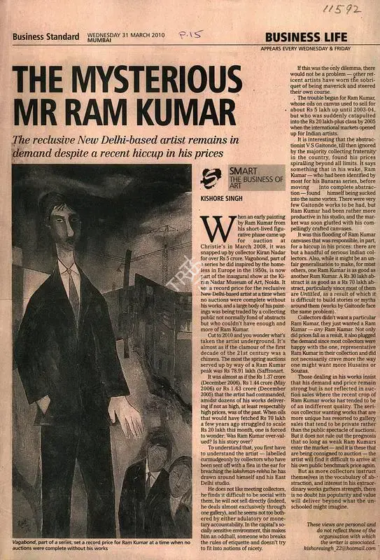 Kishore Singh (Writer), The Mysterious Mr Ram Kumar, 2010, Newspaper clipping