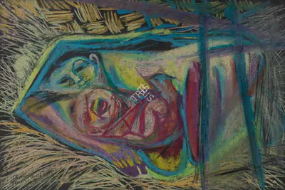 Chittaprosad (Artist), Untitled (Mother and Child at Rest), 1965, Painting
