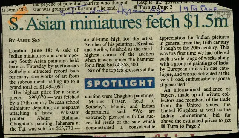 Abhik Sen (Reporter), S. Asian Miniatures Fetch $15m, Newspaper Clipping