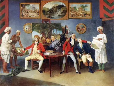 Johann Zoffany (Artist), Colonel Antoine Polier, Claude Martin and John Wombwell with the Artist, 1787, Painting
