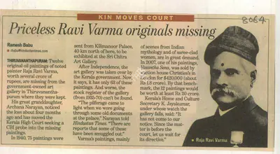 Ramesh Babu (Reporter), Priceless Ravi Varma Originals Missing, 2010, Newspaper Clipping