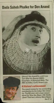 Dada Saheb Phalke For Dev Anand - A lifetime's achievement. Hindustan Times, 10 December 2003 | Newspaper Clipping | CinemaEducation | 00848763