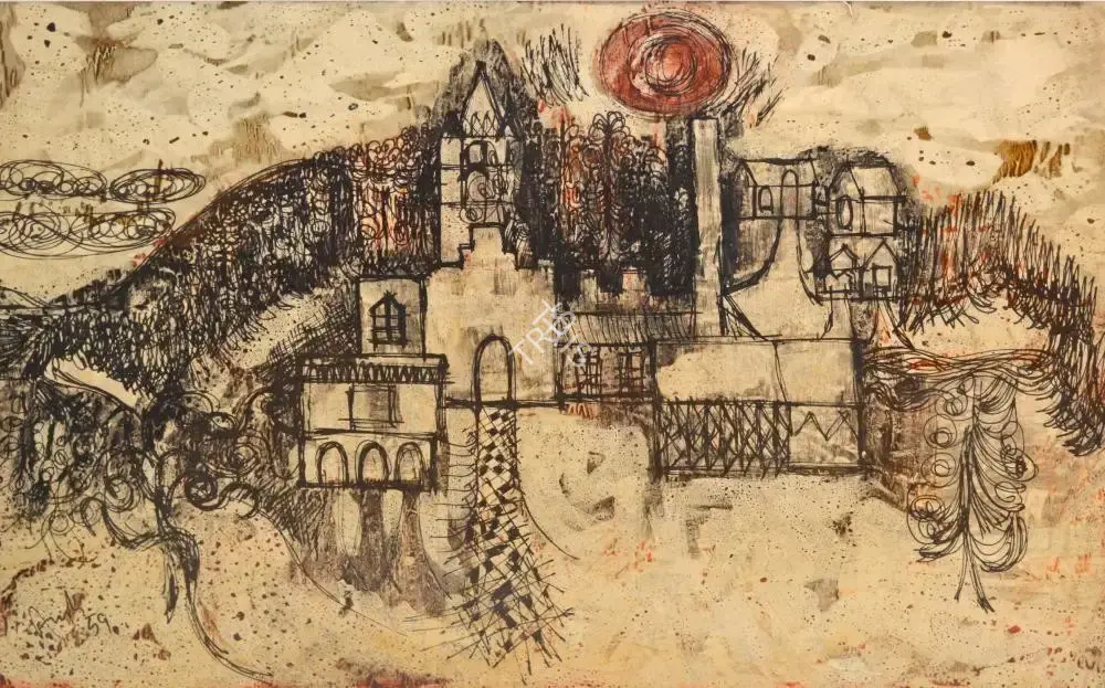 Avinash Chandra (Artist), Village landscape, 1959, Drawing
