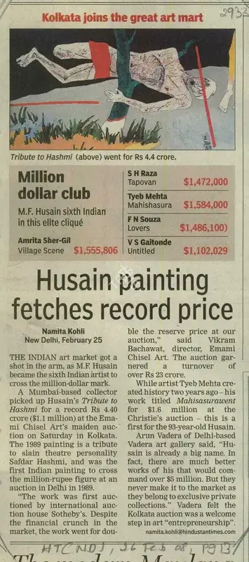 Namita Kohli (Reporter), Husain Painting Fetches Record Price, 2008, Newspaper Clipping