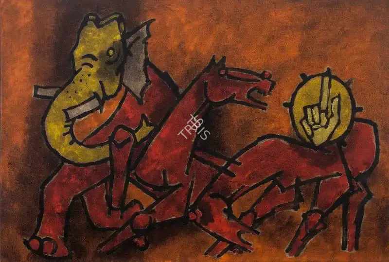 M.F. Husain (Artist), Untitled (Two Horses with Elephant), 1975, Painting