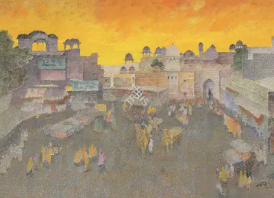 Bendre, N.S. (Artist). Untitled (View of Mandu), 1982 | Painting, Sa.Mum/17.09.20, 2020 · Saffronart